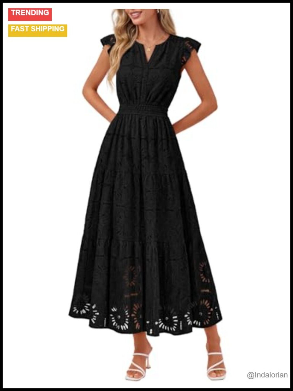 Women Lace Eyelet Tiered Maxi Dress Flutter Sleeve Wedding Guest